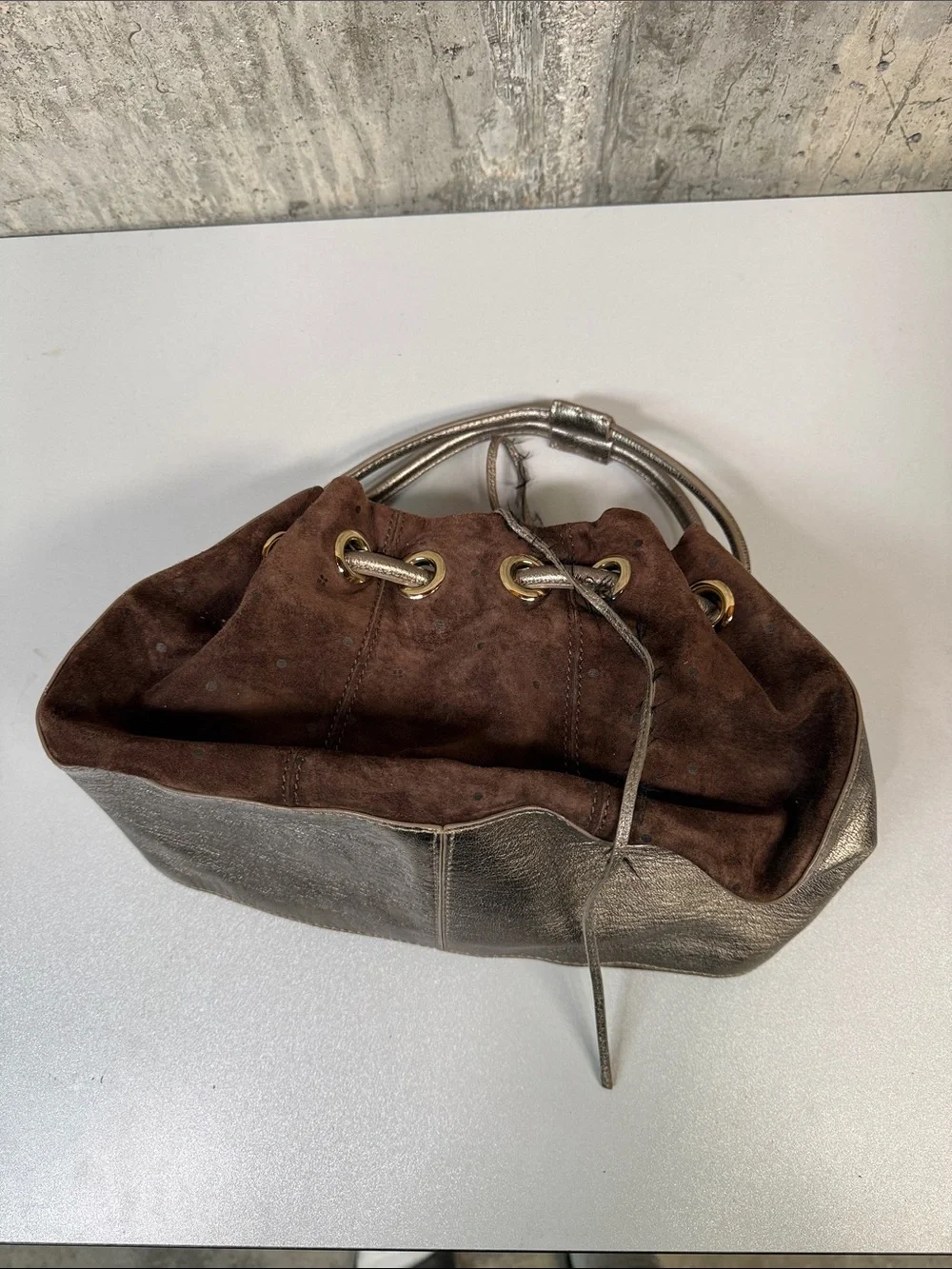 KATE SPADE Women's Brown Suede Metallic Leather Drawstring Hobo Shoulder Bag